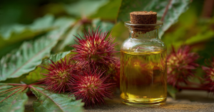 Bottle of castor oil surrounded by castor plant seeds and leaves, highlighting natural remedy for constipation and bloating.