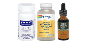 Zinc supplement, Timed-Release Vitamin C with rose hips, and Rapid Immune Boost liquid, key immune support trio for health and wellness.